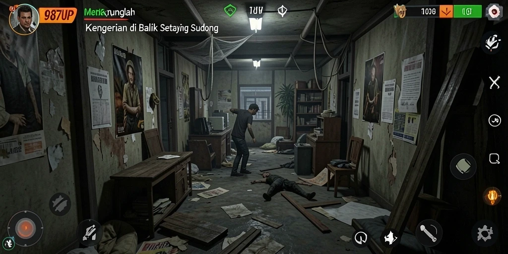 Screenshot gameplay 987UP yang menampilkan suasana mencekam dan tantangan horor.