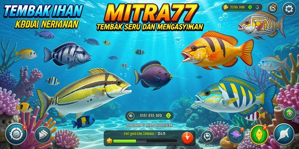 Tampilan gameplay seru di MITRA77 dengan ikan-ikan berwarna-warni.