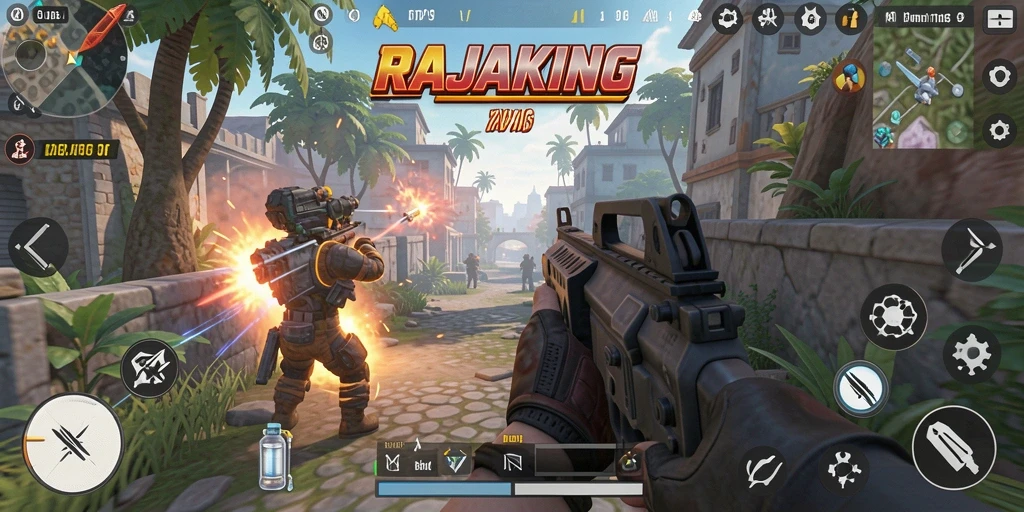 Screenshot gameplay RAJAKING menampilkan aksi tembak-menembak seru.