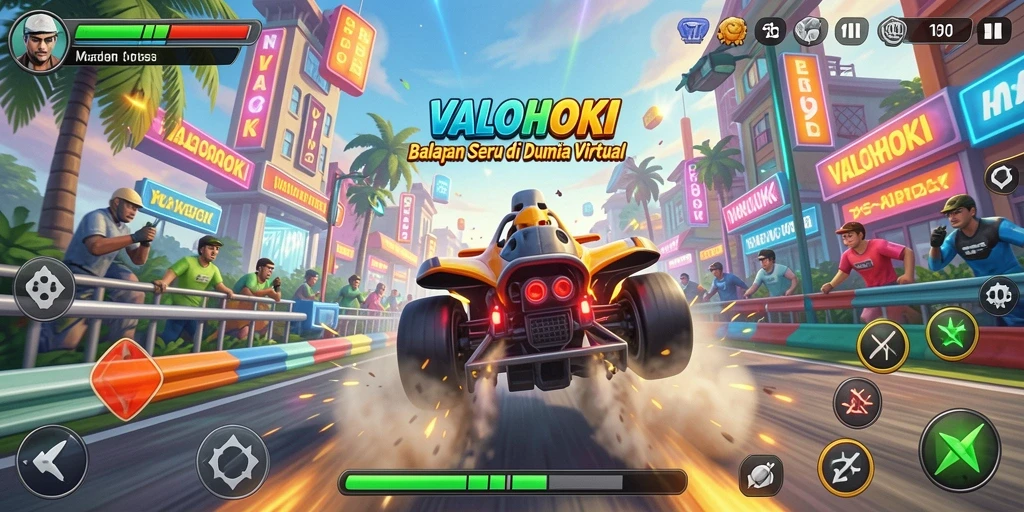 Screenshot gameplay VALOHOKI menampilkan balapan yang mendebarkan dan grafis menawan.