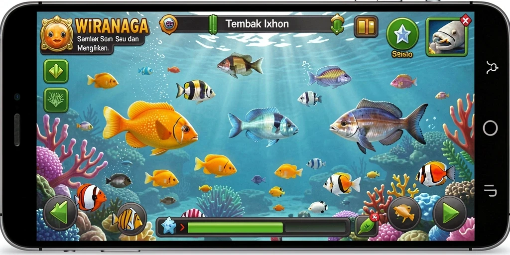 Tampilan screenshot WIRANAGA dengan gameplay Tembak Ikan yang mendebarkan.